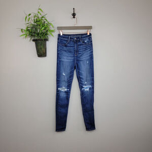 American Eagle Skinny Highest Rise Jeggings Distressed Jeans Dark Blue Wash AE 4